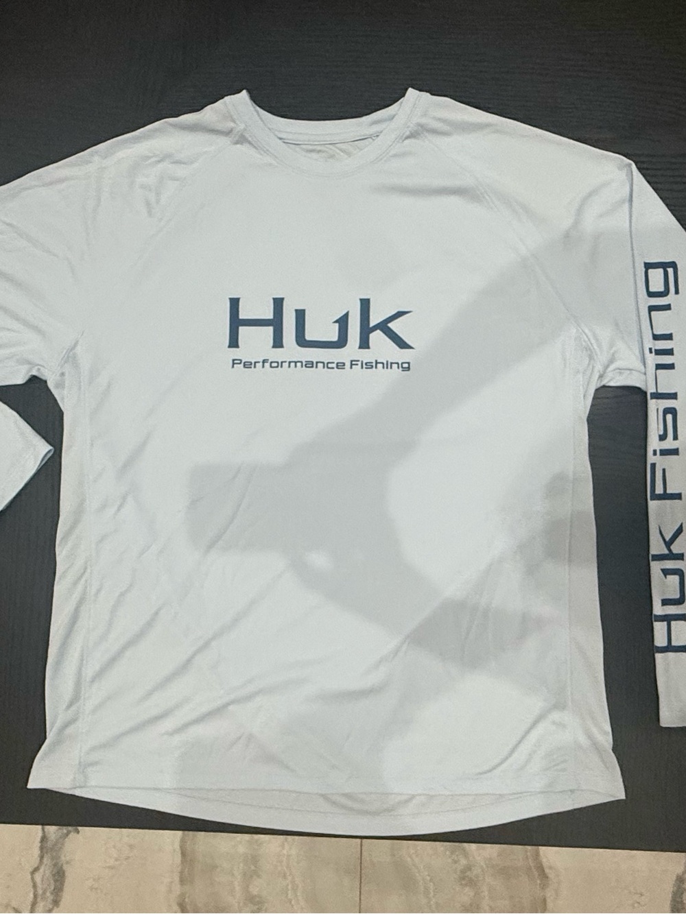 Huk White Long Sleeve Performance Fishing Shirt with Navy Logo